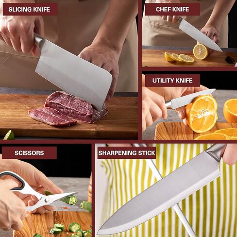 مجموعة سكاكين من الفولاذ المقاوم للصدأ مكونة من 8 قطع من Chef's Choice - مجموعة سكاكين مطبخ مع كتلة، سكاكين مطبخ حادة، قبضة مريحة، كتلة دوارة 360 درجة in Kuwait