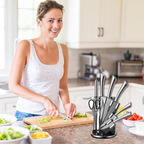 مجموعة سكاكين من الفولاذ المقاوم للصدأ مكونة من 8 قطع من Chef's Choice - مجموعة سكاكين مطبخ مع كتلة، سكاكين مطبخ حادة، قبضة مريحة، كتلة دوارة 360 درجة in Kuwait