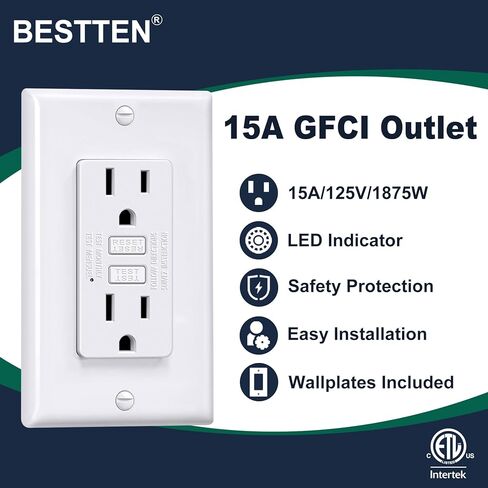 مخرج BESTTEN GFCI 15 أمبير بتصميم نحيف للغاية، منفذ كهربائي GFI مع مؤشر LED، وعاء GFCI غير مقاوم للتلاعب، لوحة حائط متضمنة، معتمد من ETL، 10 عبوات، أبيض in Kuwait