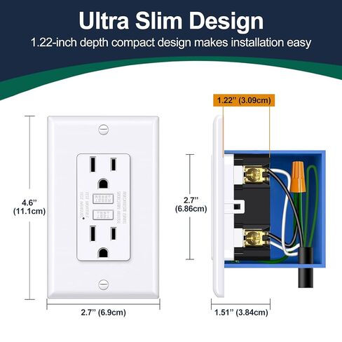 مخرج BESTTEN GFCI 15 أمبير بتصميم نحيف للغاية، منفذ كهربائي GFI مع مؤشر LED، وعاء GFCI غير مقاوم للتلاعب، لوحة حائط متضمنة، معتمد من ETL، 10 عبوات، أبيض in Kuwait