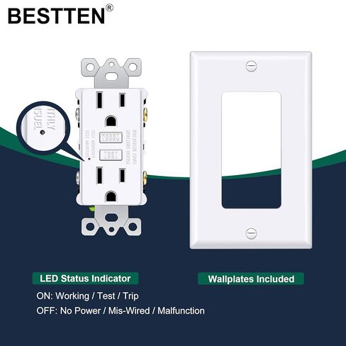 مخرج BESTTEN GFCI 15 أمبير بتصميم نحيف للغاية، منفذ كهربائي GFI مع مؤشر LED، وعاء GFCI غير مقاوم للتلاعب، لوحة حائط متضمنة، معتمد من ETL، 10 عبوات، أبيض in Kuwait