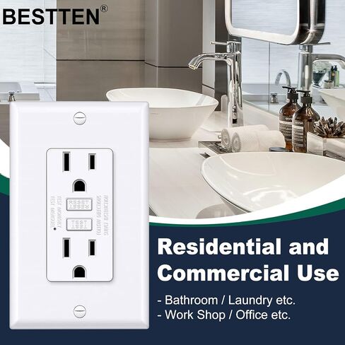 مخرج BESTTEN GFCI 15 أمبير بتصميم نحيف للغاية، منفذ كهربائي GFI مع مؤشر LED، وعاء GFCI غير مقاوم للتلاعب، لوحة حائط متضمنة، معتمد من ETL، 10 عبوات، أبيض in Kuwait