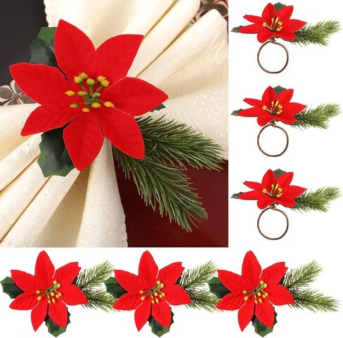Yungyan 6 Pcs Christmas Pine Cone Napkin Rattan Ring Poinsettia Flower Holder Napkin Ring Berry Xmas Dining Table Supplies for Christmas Wedding Birthday Party Dinner Table Decoration (Vivid Style) in Saudi Arabia