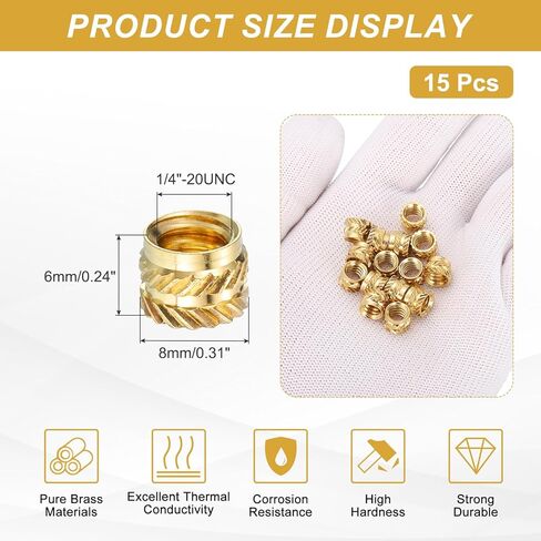MECCANIXITY 15 Pcs Threaded Inserts, 1/4"-20UNC x 6mm l x 8mm OD Pure Brass Knurled Nuts Female Threaded Heat Set Inserts Embedment Nut for 3D Printing Components Plastic Materials in Saudi Arabia