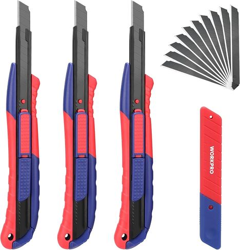 WORKPRO 2-In-1 Safety Utility Knife Retractable Snap-off blade, Metal Box Cutter Set, Razor Knife Exacto Craft Knives, with 10 Extra 9mm Blades, Pack of 3 in Kuwait