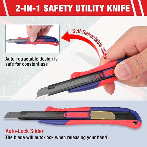WORKPRO 2-In-1 Safety Utility Knife Retractable Snap-off blade, Metal Box Cutter Set, Razor Knife Exacto Craft Knives, with 10 Extra 9mm Blades, Pack of 3 in Kuwait