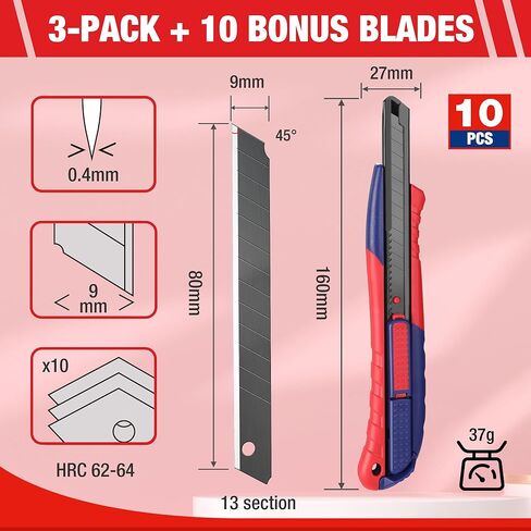 WORKPRO 2-In-1 Safety Utility Knife Retractable Snap-off blade, Metal Box Cutter Set, Razor Knife Exacto Craft Knives, with 10 Extra 9mm Blades, Pack of 3 in Kuwait