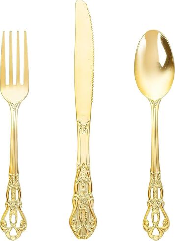 Joyido 90 Pieces Gold Plastic Silverware - Heavy Duty Gold Disposable Utensils - Fancy Plastic Cutlery Set Includes 30 Forks, 30 Spoons, 30 Knives for Dinner Parties Weddings in Saudi Arabia