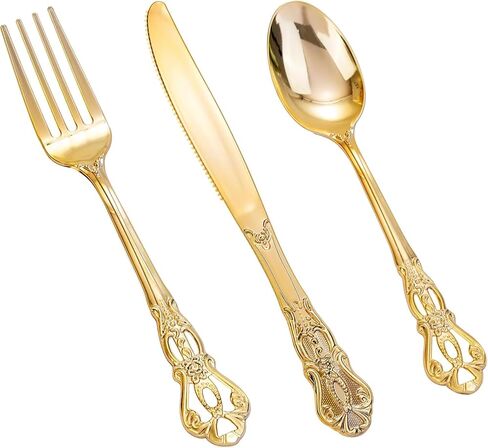 Joyido 90 Pieces Gold Plastic Silverware - Heavy Duty Gold Disposable Utensils - Fancy Plastic Cutlery Set Includes 30 Forks, 30 Spoons, 30 Knives for Dinner Parties Weddings in Saudi Arabia