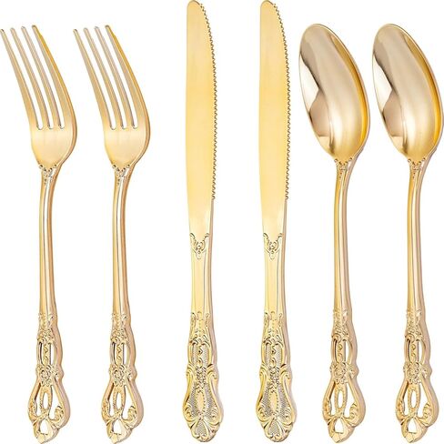 Joyido 90 Pieces Gold Plastic Silverware - Heavy Duty Gold Disposable Utensils - Fancy Plastic Cutlery Set Includes 30 Forks, 30 Spoons, 30 Knives for Dinner Parties Weddings in Saudi Arabia