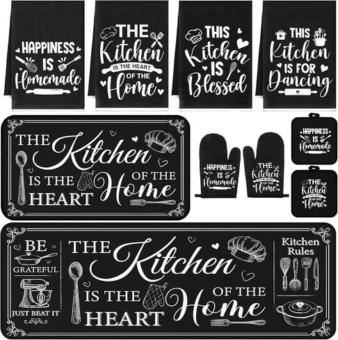 Fourluoo 10 Pcs Farmhouse Kitchen Decor and Accessories Set 4 Kitchen Towels 2 Pot Holders 2 Oven Mitts 2 Rugs for Cooking Baking Mom Housewarming Gifts(Black,Classic Style) in Saudi Arabia