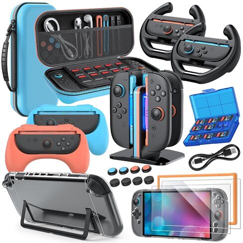 Switch 2 Accessories Bundle for Nintendo Switch 2 (2025) ، Meneea 20-in-1 Kits: Carry Case ، Dock Controller Charger ، Grips for Joy Con ، Touring Wheels for Mario Kart ، غطاء واقعي لوحدة التحكم في المحول 2 in Saudi Arabia