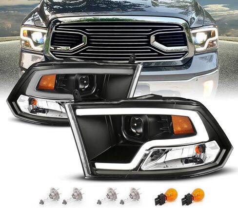 AmeriLite LED Plank Tube Black Square Projector Headlights Assembly for 2009-2019 Dodge Ram 1500 2500 3500 Pair - Driver and Passenger Side in Saudi Arabia