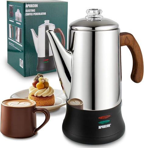 Electric Coffee Percolator Stainless Steel Coffee Maker with Tough Glass Clear Brew Progress Knob & On/OFF Switch Keep Warm Cordless Serve for Home and Hotel Room Use Gift Box Packaging 6 Cup in Kuwait