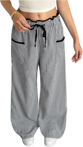 MakeMeChic Women's Gingham Straight Leg Long Pants Drawstring Paperbag Waist Loose Trousers with Pockets in Kuwait