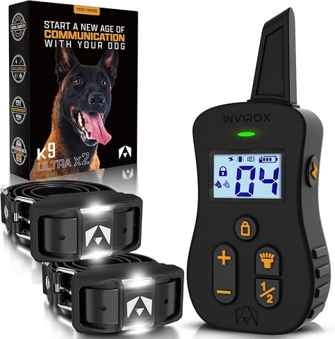طوق صدمة الكلاب Invirox [سلسلة صيد Ultra K9 X2] 124 مستويات التدريب ، 4 أوضاع قوية مع ضوء ليلي ومجموعة من طوق تدريب الكلاب الآمن 100 ٪ للكلاب الكبيرة IP67 مقاومة للماء in Kuwait