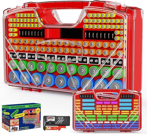 Battery Organizer Storage Holder Box Case with Tester, New Ultra-Large 285+Batteries Double-Sided Variety Pack, Holds AA AAA 4A C D Button Cell 9V 3V Lithium18650 CR2 CR123 CR1632 LR44 (Red) in Saudi Arabia