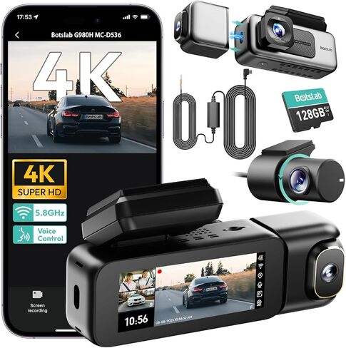 3 Channel Dash Cam 4K with 128GB Card, 3.18" Touch Screen, Voice Control, 4K Front and 1080P Rear Inside Loop Recording, 5.8GHz WiFi, GPS, Night Vision, WDR, Parking Mode in Kuwait