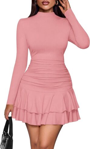 PRETTYGARDEN Women's Fall Long Sleeve Dresses 2025 Mock Neck Ruched Y2K Clothes Ruffle Layered Bodycon Mini Party Dress in Saudi Arabia