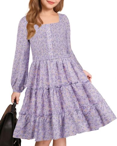 GRACE KARIN Girls Fall Long Sleeve Floral Square Neck Smock Tiered Casual Holiday Dress Size 5-14 in Saudi Arabia