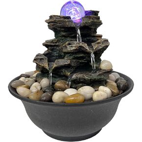 Rock Cascading Tabletop Water Fountain with Colored LED Lights, Zen Meditation Indoor Waterfall Feature with Natural River Rocks, Feng Shui Tabletop Waterfall for Home Office Bedroom in Kuwait