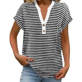 Womens Striped Henley Summer Tops V Neck Button Dressy Casual T Shirts Blouses 2025 Trendy Clothes in Kuwait