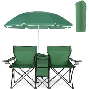 كرسي التخييم المزدوج ، كرسي شاطئ محمول شخصان مع مظلة قابلة للإزالة ، حاملي الكؤوس وحقيبة حمل ، كراسي محبة للبالغين في الهواء الطلق (الأزرق) in Kuwait