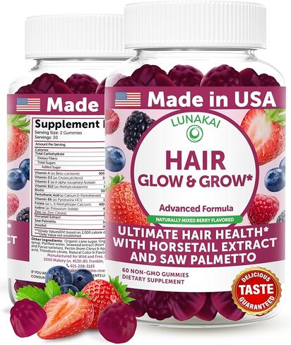 Lunakai USA Made Super Hair Gummies with Biotin, Zinc, Horsetail Extract & Saw Palmetto - Hair Growth Vitamins for Women & Men – Supports Thicker, Longer, Stronger Tresses, Skin & Nails, 60ct in Kuwait