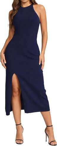 Women's Halter High Neck Bodycon Midi Slit Date Night Dress for Club Party Formal in Saudi Arabia
