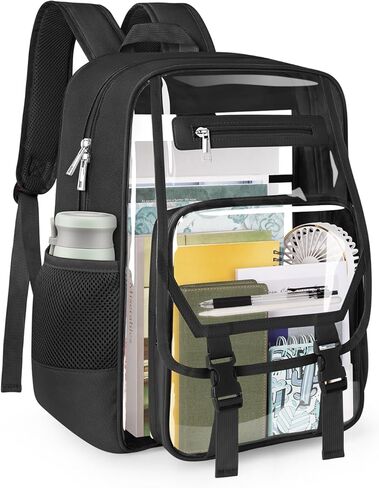 حقيبة الظهر الواضحة الشاقة ، حقيبة كتب شفافة من النسيج و PVC للمدرسة ، انظر من خلال حقائب الظهر مع حزام معزز للنساء الرجال ، حقيبة كبيرة واضحة للكلية ، السفر ، الأمن ، الأسود in Kuwait