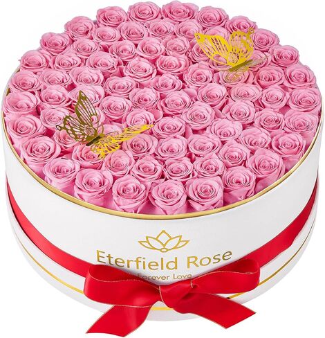 إيترفيلد 77 قطعة محفوظة الورود في صندوق ، الورود الأزهار إلى الأبد التي تستمر أكثر من عام من هدايا زهور صندوقها لزوجتها النسائية (الورود الحمراء ، صندوق جلد الغزال الأبيض) in Kuwait