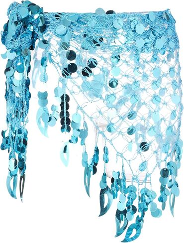 MECCANIXITY Women's Belly Dance Hip Scarf with Sequins Mesh Triangle Wrap Skirts Waist Chain for Music Festival Party Costume Performance(Silver Tone) in Saudi Arabia