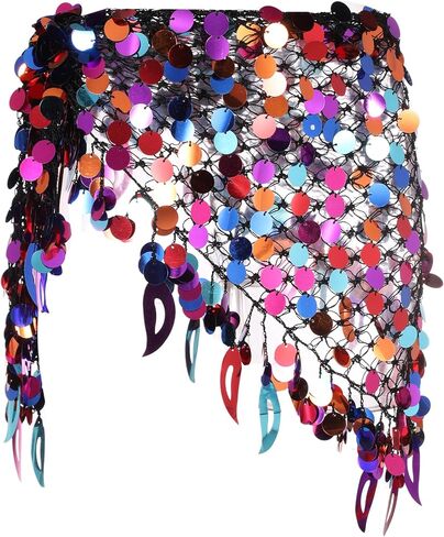 MECCANIXITY Women's Belly Dance Hip Scarf with Sequins Mesh Triangle Wrap Skirts Waist Chain for Music Festival Party Costume Performance(Silver Tone) in Saudi Arabia