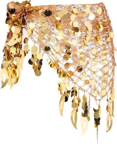 MECCANIXITY Women's Belly Dance Hip Scarf with Sequins Mesh Triangle Wrap Skirts Waist Chain for Music Festival Party Costume Performance(Silver Tone) in Saudi Arabia