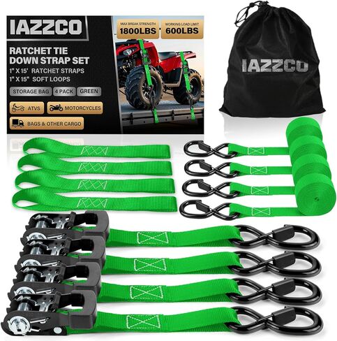 Ratchet Straps with Hook - 1 Inch x 15 Feet (1800 LB Break Strength) Heavy Duty Tie Down Straps with Safety S Hooks & Soft Loops, for Trucks, Cargo, Moving and Appliances（Black/4 Pack） in Saudi Arabia