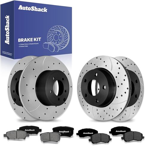 AutoShack Brake Kit Replacement for 2008-2017 Mitsubishi Lancer 2007 Dodge Caliber 1.8L 2.0L 2.4L AWD FWD Front Rear Drilled & Slotted E-Coated Disc Brake Rotors Ceramic Brakes Pads BRAKEPKG477 in Saudi Arabia