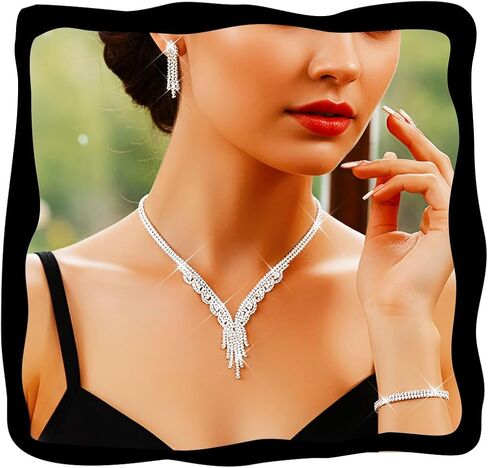 GORAIS Rhinestone Bridal Jewelry Set Silver Wedding Necklace Earrings Bracelet Sets Crystal Formal Costume Jewelry for Women and Brides in Saudi Arabia