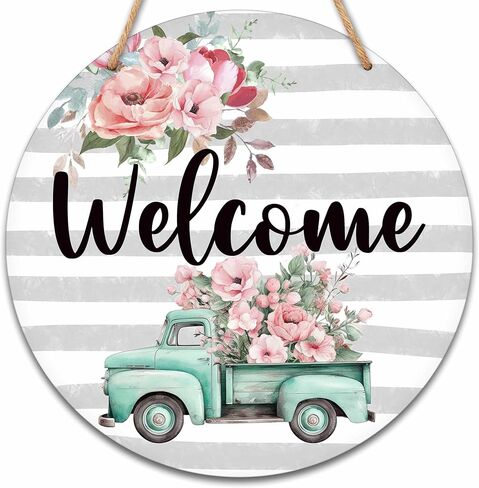 Welcome Sign for Front Door, Spring Round Hanging Sign With Rope, Floral Wall Decor For Farmhouse Home Front Door Porch, Housewarming Gifts for Family Friend, A18 in Kuwait