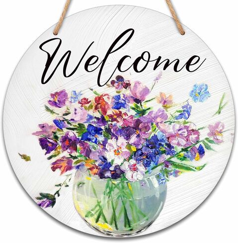 Welcome Sign for Front Door, Spring Round Hanging Sign With Rope, Floral Wall Decor For Farmhouse Home Front Door Porch, Housewarming Gifts for Family Friend, A18 in Kuwait