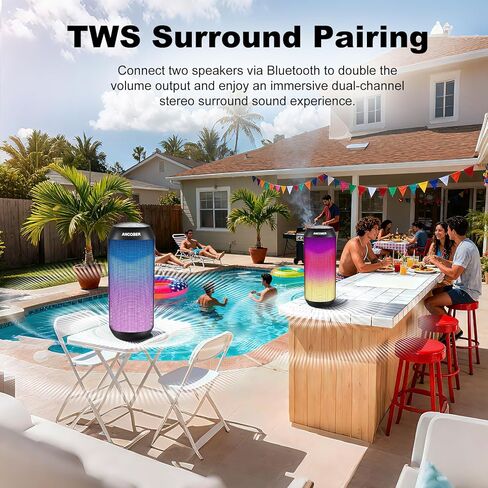 Portable Bluetooth Speaker, 15W Powerful Stereo, TWS Pair, LED Light Show, IPX4 Waterproof, BT5.3 Wireless Speaker with Long Battery Life, USB-C, AUX-in – for Outdoor, Party, Home, Travel, Ideal Gfits in Saudi Arabia