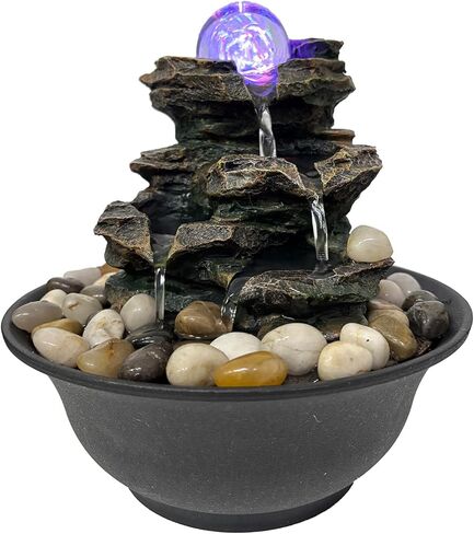 Rock Cascading Tabletop Water Fountain with Colored LED Lights, Zen Meditation Indoor Waterfall Feature with Natural River Rocks, Feng Shui Tabletop Waterfall for Home Office Bedroom in Kuwait