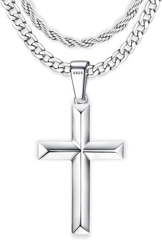 925 Sterling Silver Cross Necklace for Men Women - Stainless Steel Diamond Cut Cuban Link Rope Chain Layered Cross Pendant Necklaces Jewelry 14-30 Inches in Saudi Arabia