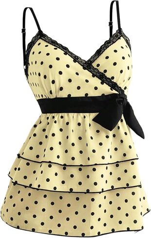 Verdusa Women's Polka Dots Lace V Neck Camisole Tops Sleeveless Layered Ruffle Peplum Shirts in Saudi Arabia