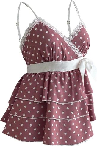 Verdusa Women's Polka Dots Lace V Neck Camisole Tops Sleeveless Layered Ruffle Peplum Shirts in Saudi Arabia
