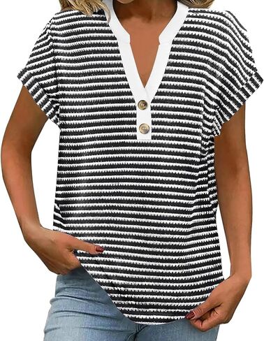 Womens Striped Henley Summer Tops V Neck Button Dressy Casual T Shirts Blouses 2025 Trendy Clothes in Kuwait