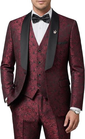 MY'S Men's Floral Tuxedo, 3 Piece Slim Fit Jacquard Suit, Jacket Vest and Pants Shawl Lapel with Bow Tie for Wedding Prom in Kuwait