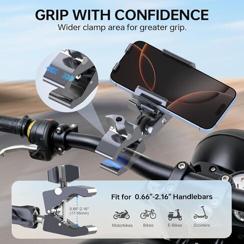 حامل هاتف الدراجة النارية مع رفقة الاهتزاز (قم بتضمين Super Clamp + Double Socket Arm + Phone Stand All in One) 360 ° Adjust & Aluminium Phone حامل لـ Ebike ، Desk ، Tripod ، (5.4 ''-7.2 '' iPhone) ، JC014 in Kuwait
