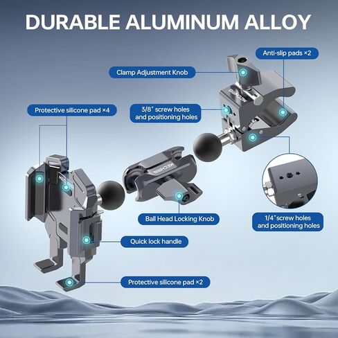 حامل هاتف الدراجة النارية مع رفقة الاهتزاز (قم بتضمين Super Clamp + Double Socket Arm + Phone Stand All in One) 360 ° Adjust & Aluminium Phone حامل لـ Ebike ، Desk ، Tripod ، (5.4 ''-7.2 '' iPhone) ، JC014 in Kuwait