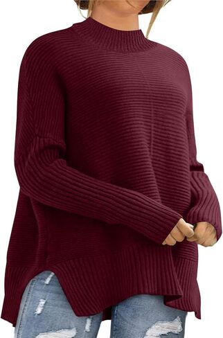 سترات Eytino النسائية بمقاس كبير وأكمام طويلة ورقبة دائرية وحاشية مقسمة كاجوال كبيرة الحجم ومتماسكة ومضلعة (1X-5X) in Kuwait