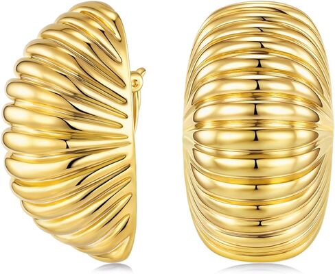 Large Gold Chunky Clip on Statement Earrings for Women, Bold Handmade Exaggerated Trendy Seashell Ribbed Jewelry Gifts, Curved Half Circle Textured Summer Beach Fashion Earrings Accessories, Big Vintage Irregular Hammered Thick Circular Nickle Free Cuff H in Saudi Arabia